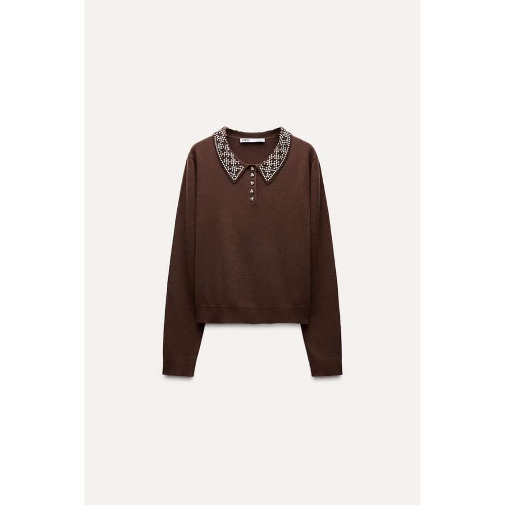 Brown Zara Rhinestone Jewel Embellished Neck Long Sleeve Pullover Knit sweater